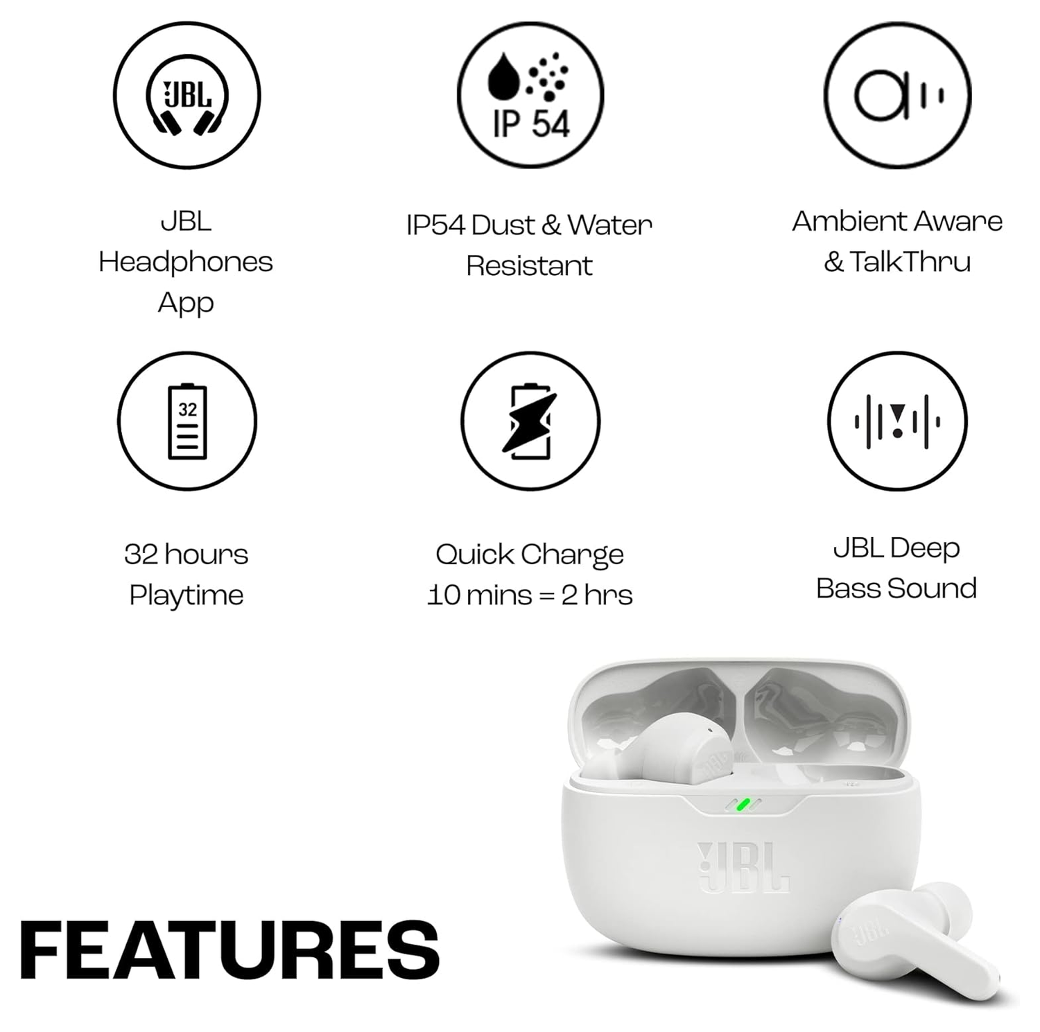 JBL Wave Beam Draadloze Bluetooth In-Ear Oordopjes met JBL Deep Bass Sound Wit afbeelding 2