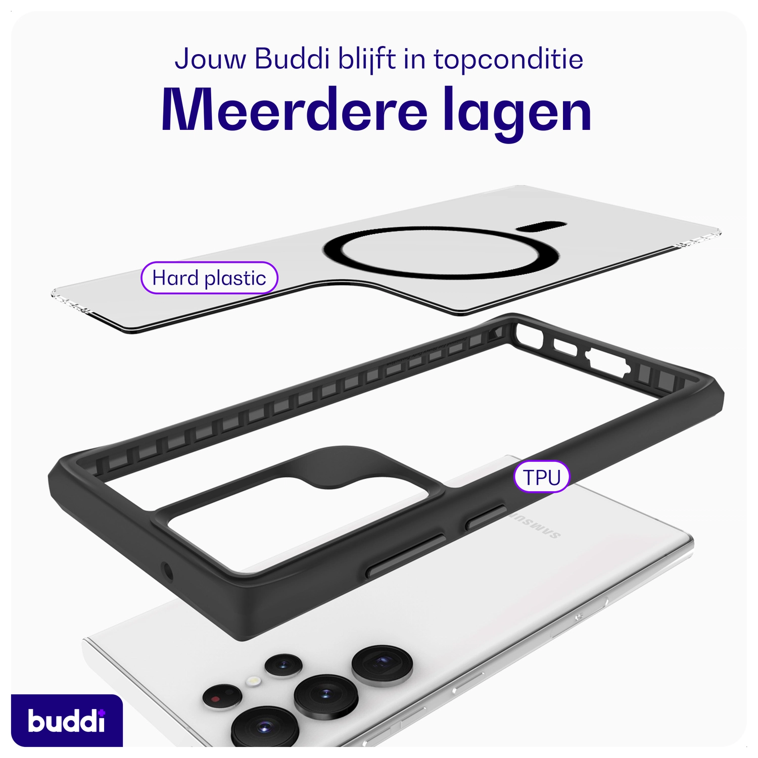 Buddi Hybrid Samsung Galaxy S23 Ultra Hoesje MagSafe Back Cover Matte Zwart afbeelding 7