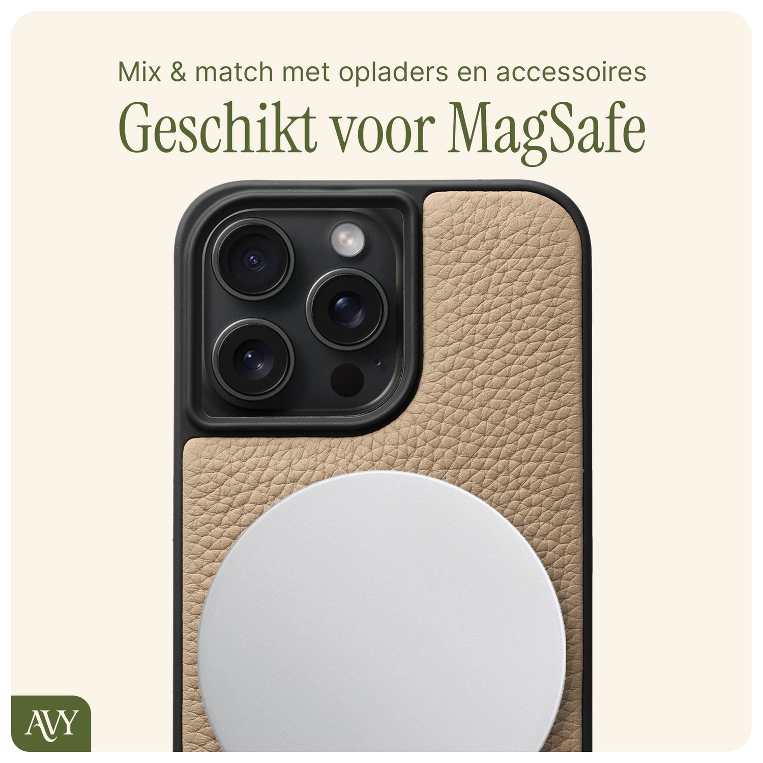 AVY Apple iPhone 14 Pro Max Hoesje met Koord Haakjes MagSafe Leer Beige afbeelding 7