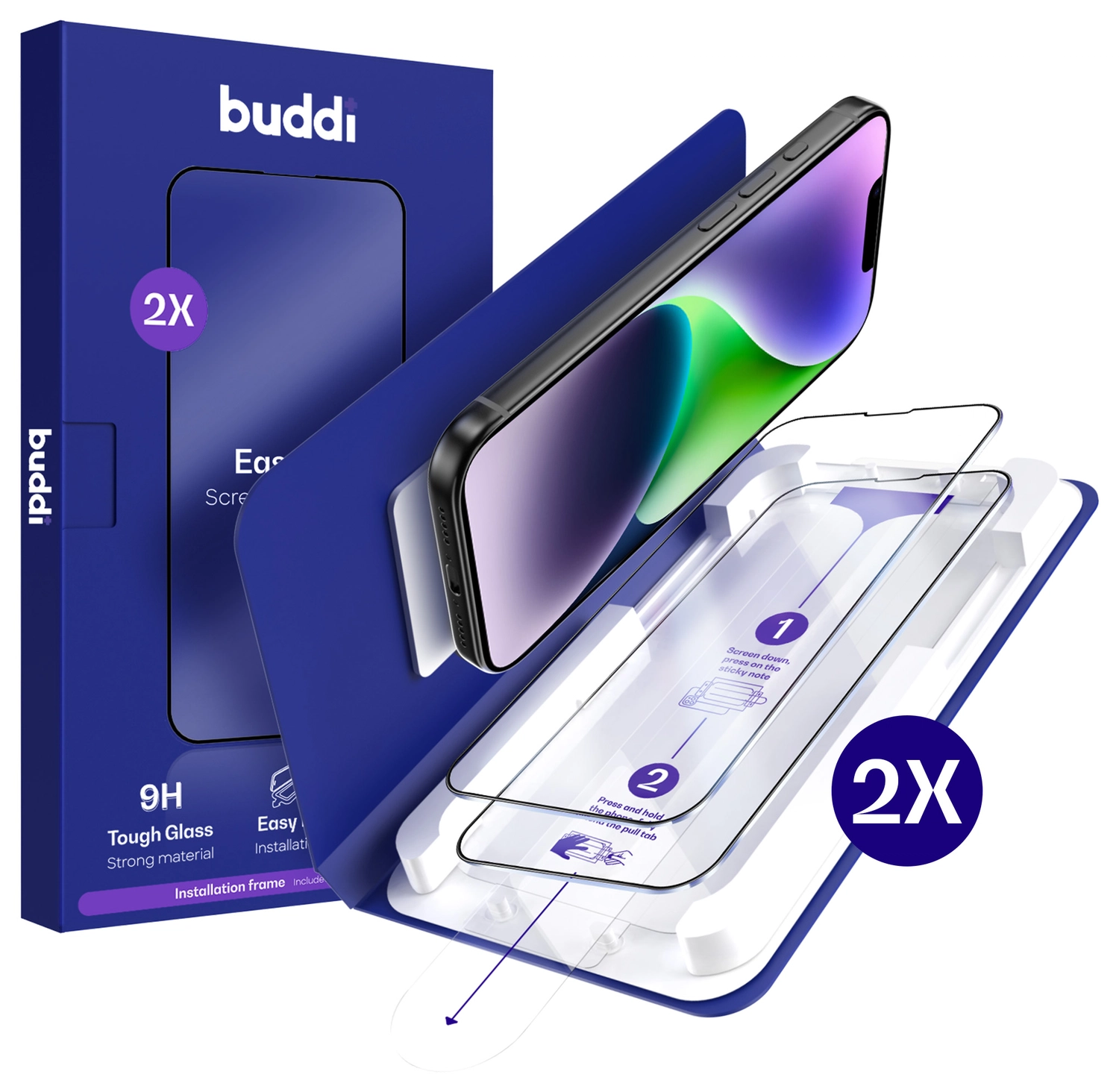 Buddi Easy Fit iPhone 16e/14/13/13 Pro Tempered Glass Installatietray (2-Pack) afbeelding 1