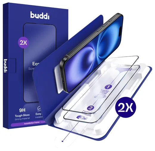 Buddi Easy Fit iPhone 16 / 15 Tempered Glass met Installatietray (2-Pack) afbeelding 1