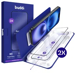 Buddi Easy Fit iPhone 16 / 15 Tempered Glass met Installatietray (2-Pack) afbeelding