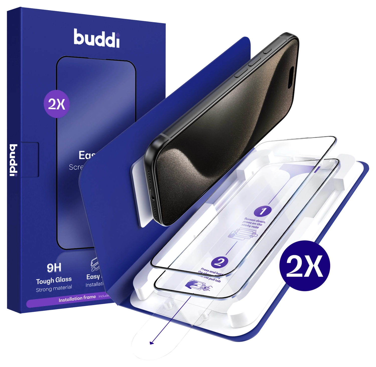 Buddi Easy Fit iPhone 15 Pro Tempered Glass met Installatietray (2-Pack) afbeelding 1