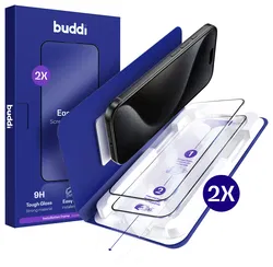 Buddi Easy Fit iPhone 15 Pro Max Tempered Glass met Installatietray (2-Pack) afbeelding