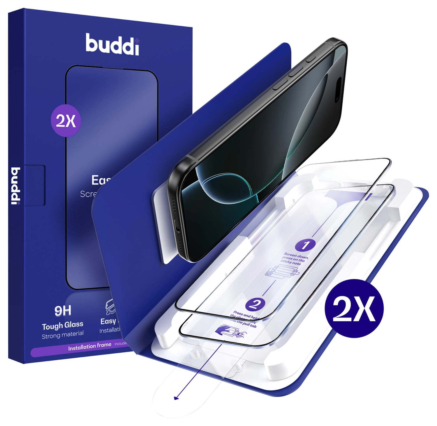 Buddi Easy Fit iPhone 16 Pro Tempered Glass met Installatietray (2-Pack) afbeelding 1