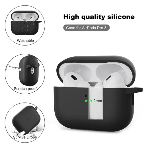 Apple AirPods Pro 3 Siliconen Hoesje met Karabijnhaak Zwart afbeelding 2