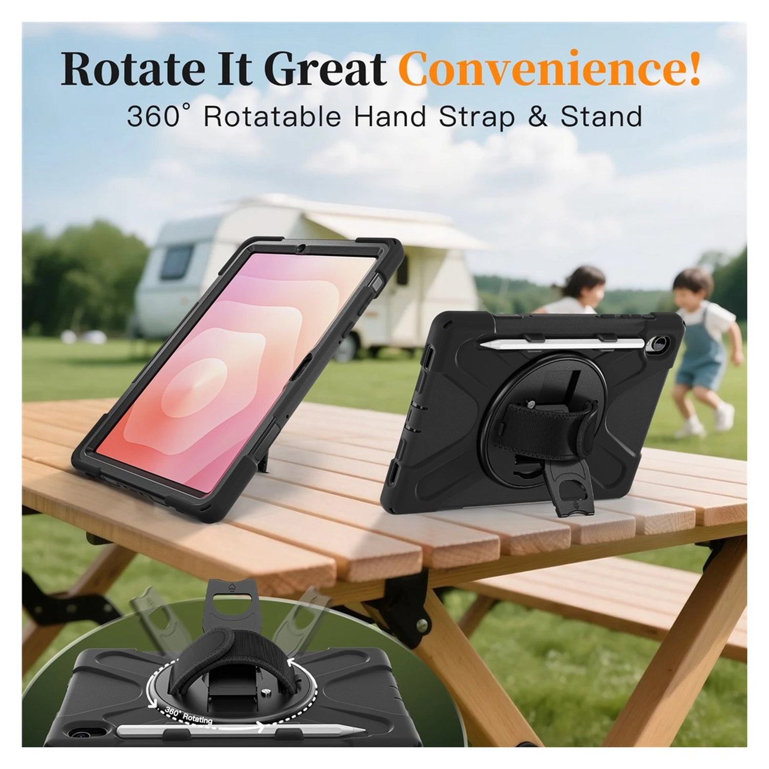 Samsung Galaxy Tab S11 Hoes Back Cover met Kickstand en Handriem Zwart afbeelding 5