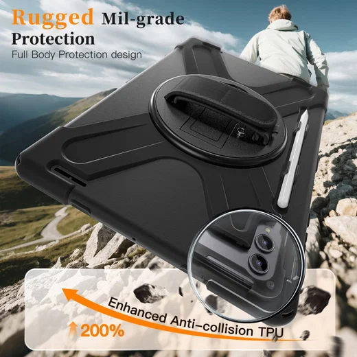 Samsung Galaxy Tab S11 Ultra Hoes Back Cover met Kickstand en Handriem Zwart afbeelding 3