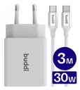 Buddi 30W USB-C & USB-A Oplader met Buddi Flex USB-C Kabel 3M Wit