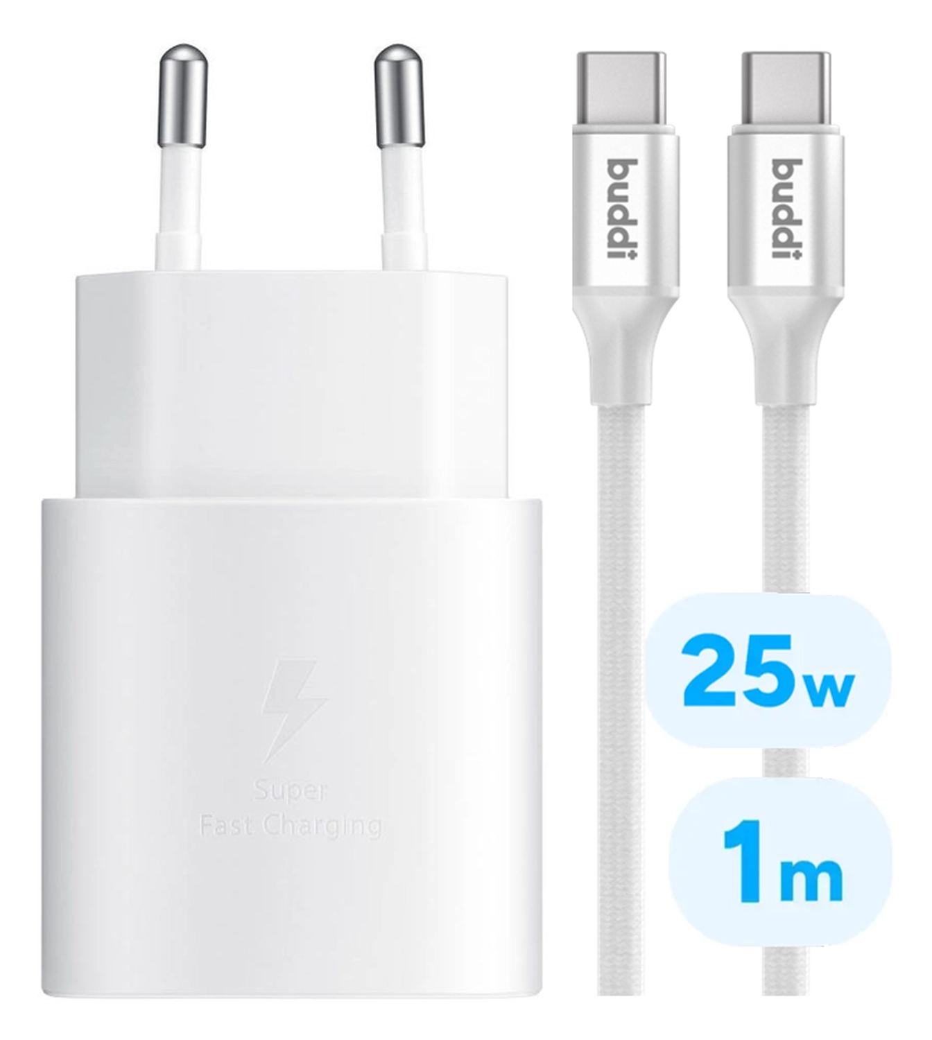 Originele Samsung 25W Power Adapter met Buddi Flex USB-C Kabel 1M Wit afbeelding 1