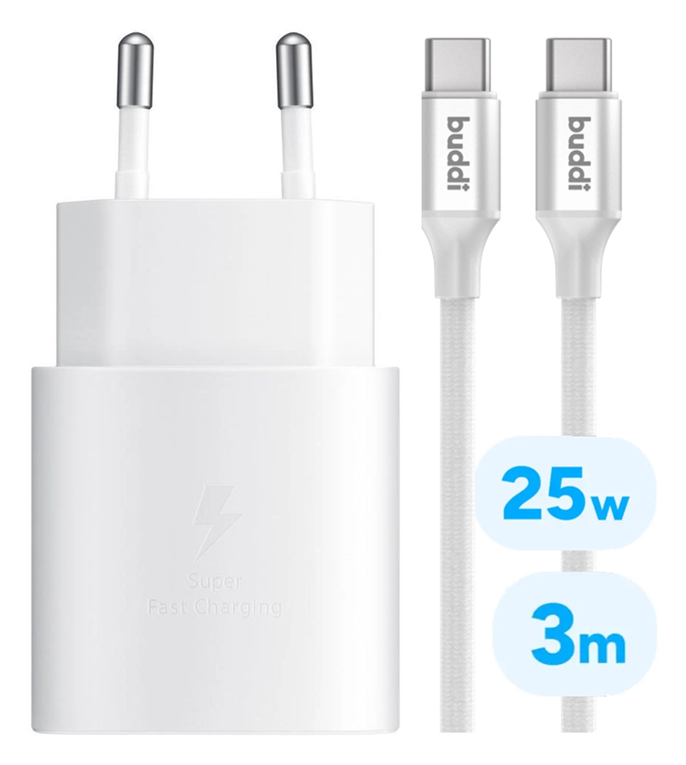 Originele Samsung 25W Power Adapter met Buddi Flex USB-C Kabel 3M Wit afbeelding 1
