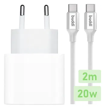 Originele Apple 20W USB-C Oplader met Buddi USB-C Kabel 2M Wit