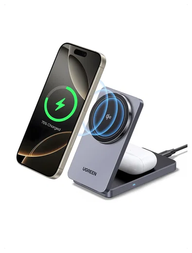 UGREEN MagFlow Qi2 2-in-1 15W Draadloze MagSafe Oplader Smartphone & AirPods afbeelding 1