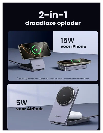 UGREEN MagFlow Qi2 2-in-1 15W Draadloze MagSafe Oplader Smartphone & AirPods afbeelding 3
