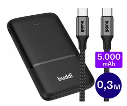 Buddi Go Compacte Powerbank 5.000 mAh met Buddi Flex 30cm USB-C Kabel 60W Zwart afbeelding