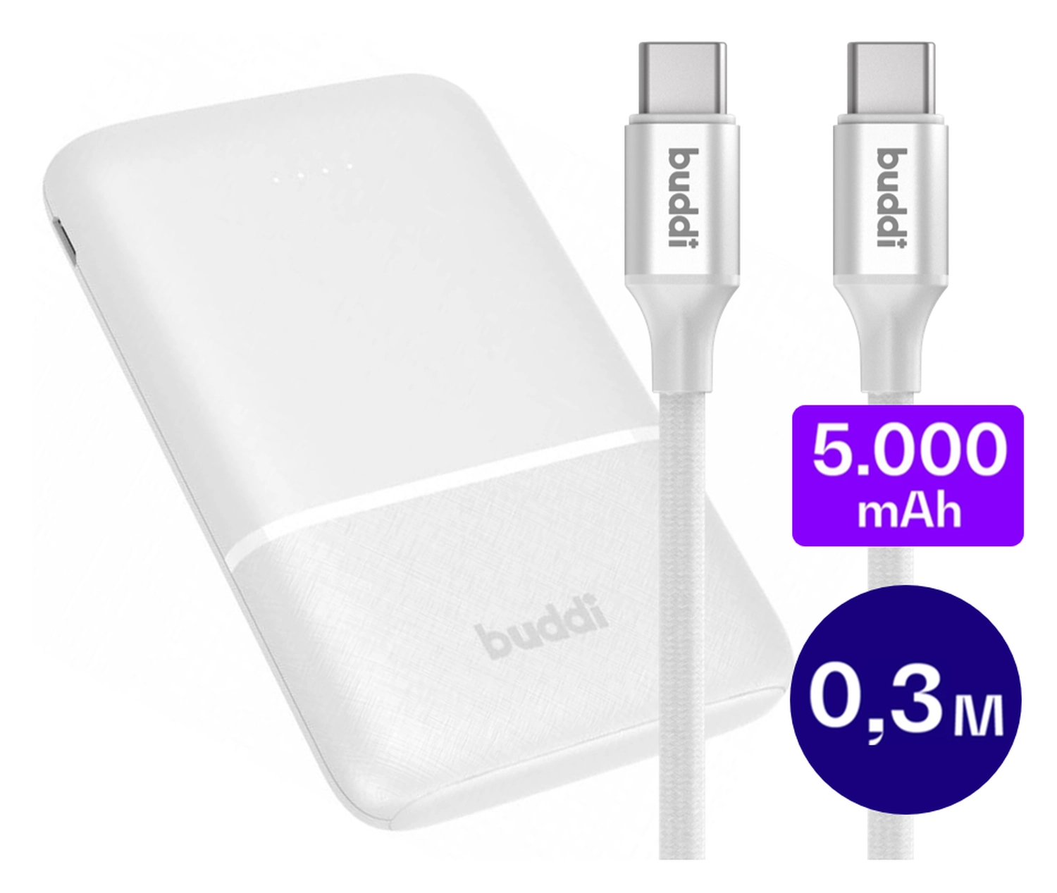 Buddi Go Compacte Powerbank 5.000 mAh met Buddi Flex 30cm USB-C Kabel 60W Wit afbeelding 1