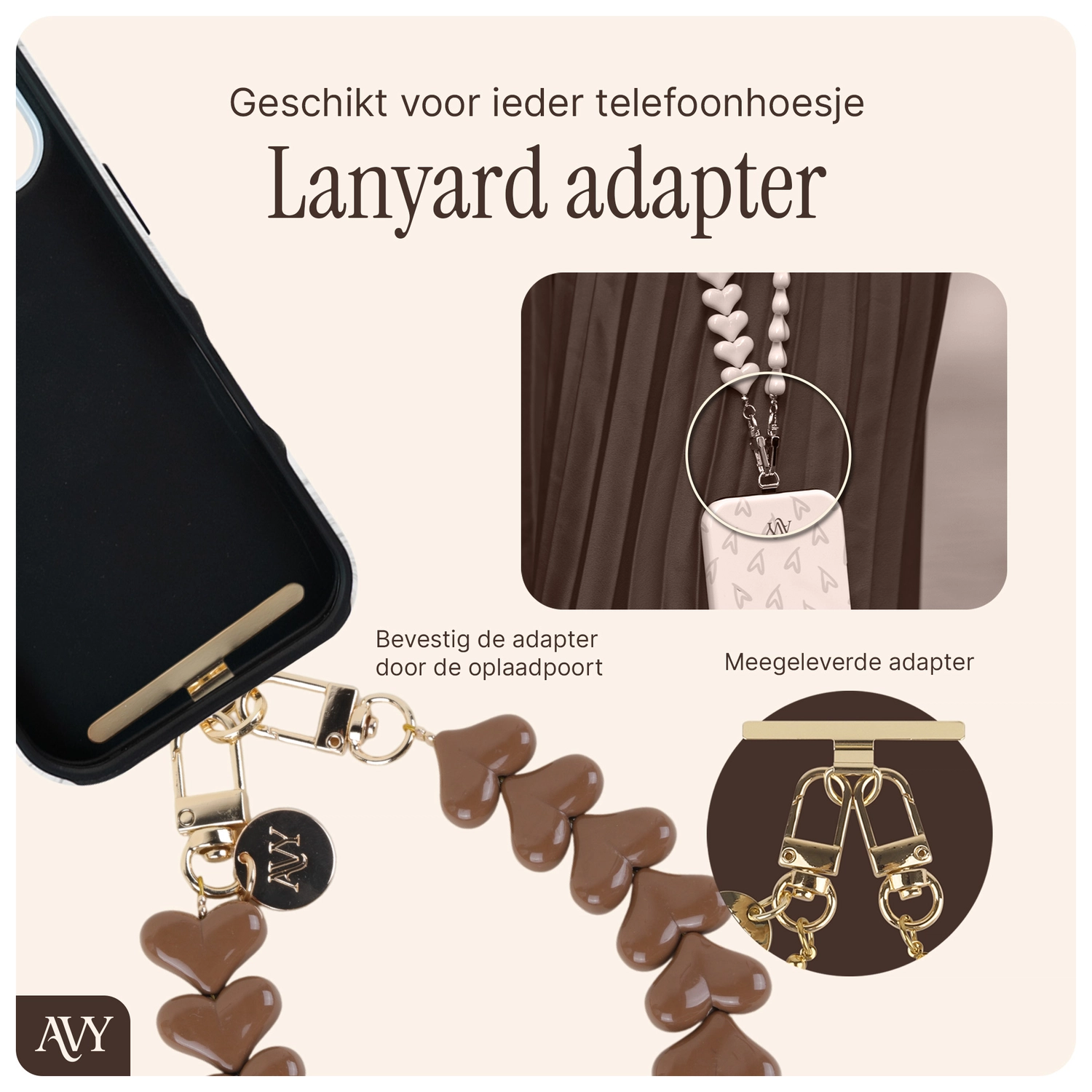 AVY Universele Hartjes Armband Polsband Telefoonkoord (30CM) Cupid Brown afbeelding 2
