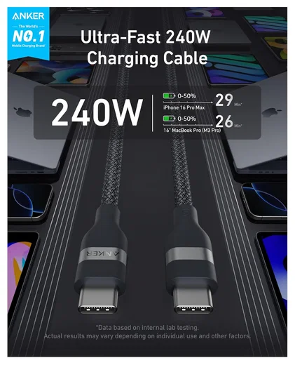 Anker Bio-Nylon (240W) USB-C naar USB-C Kabel Fast Charge 1.8M Zwart afbeelding 3