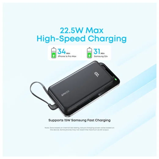 Anker Zolo (22.5W) Powerbank met Ingebouwde USB-C Kabel PD 20.000 mAh Zwart afbeelding 2