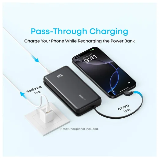 Anker Zolo (22.5W) Powerbank met Ingebouwde USB-C Kabel PD 20.000 mAh Zwart afbeelding 4