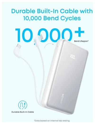 Anker Zolo (22.5W) Powerbank met Ingebouwde USB-C Kabel PD 20.000 mAh Zwart afbeelding 6