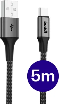 Buddi Flex USB-A naar USB-C Kabel 12W Fast Charge 5M Zwart