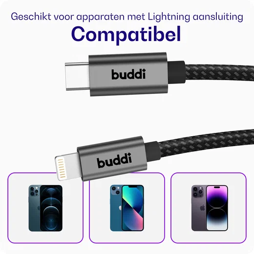 Buddi Flex USB-C naar Lightning Kabel 20W Fast Charge 10M Zwart afbeelding 10