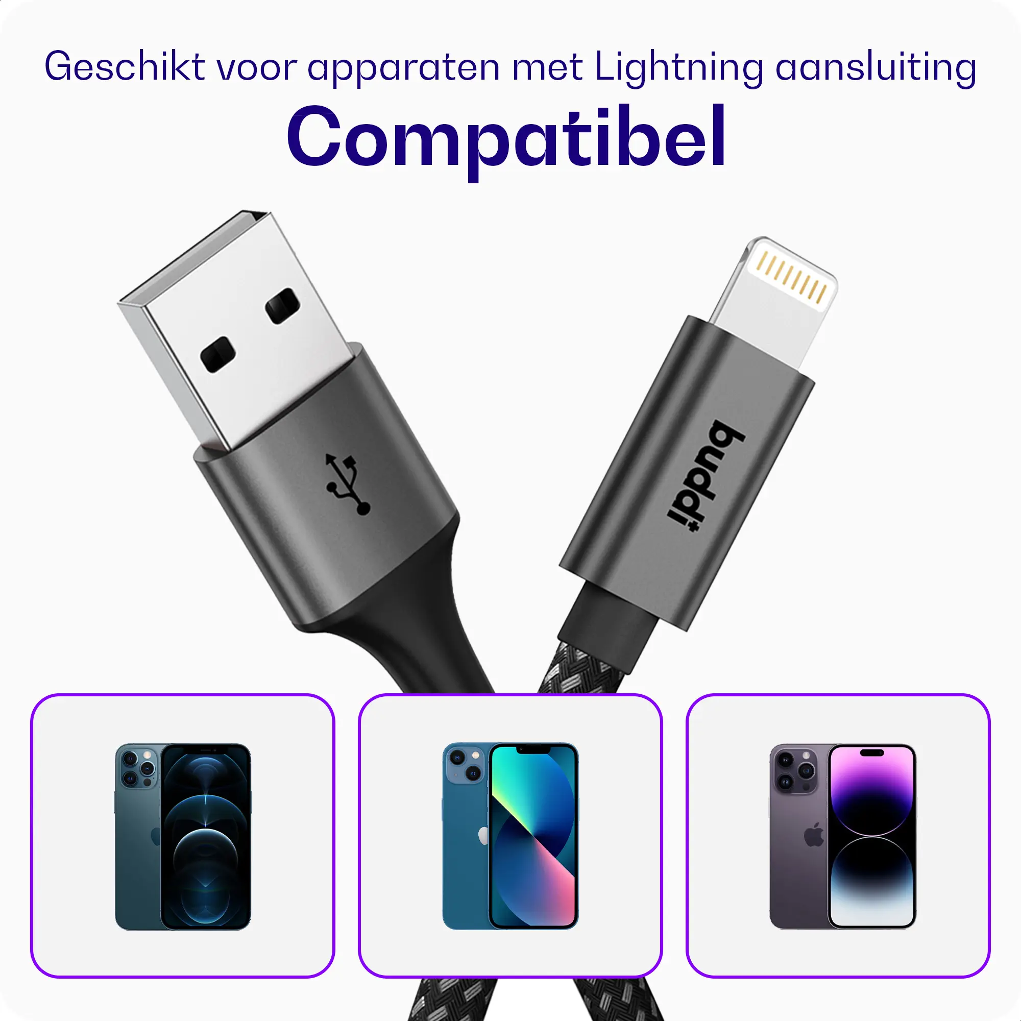 Buddi Flex USB-A naar Lightning Kabel 12W Fast Charge 10M Zwart afbeelding 2
