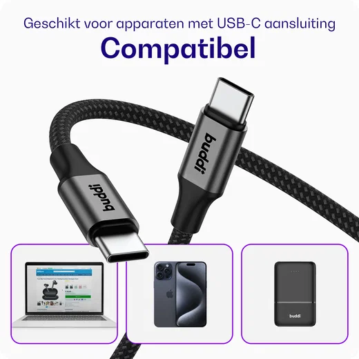 Buddi Flex USB-C naar USB-C Kabel 100W Super Fast Charge 5M Zwart afbeelding 3
