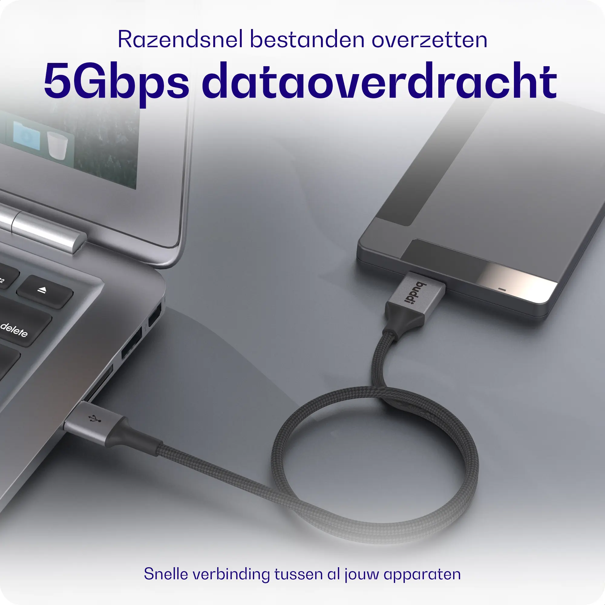 Buddi Flex USB-A naar Micro-B Kabel 12W Fast Charge 1M Zwart afbeelding 2