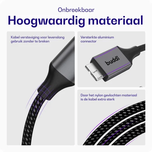 Buddi Flex USB-A naar Micro-B Kabel 12W Fast Charge 2M Zwart afbeelding 3