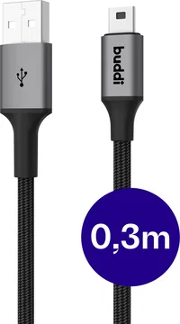 Buddi Flex USB-A naar Mini USB Kabel 12W Fast Charge 30CM Zwart