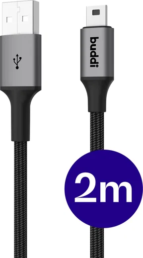 Buddi Flex USB-A naar Mini USB Kabel 12W Fast Charge 2M Zwart afbeelding 1