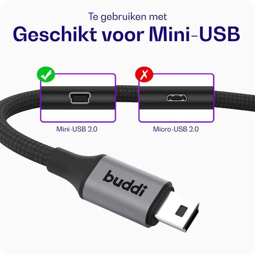 Buddi Flex USB-C naar Mini USB Kabel 12W Fast Charge 30CM Zwart afbeelding 2