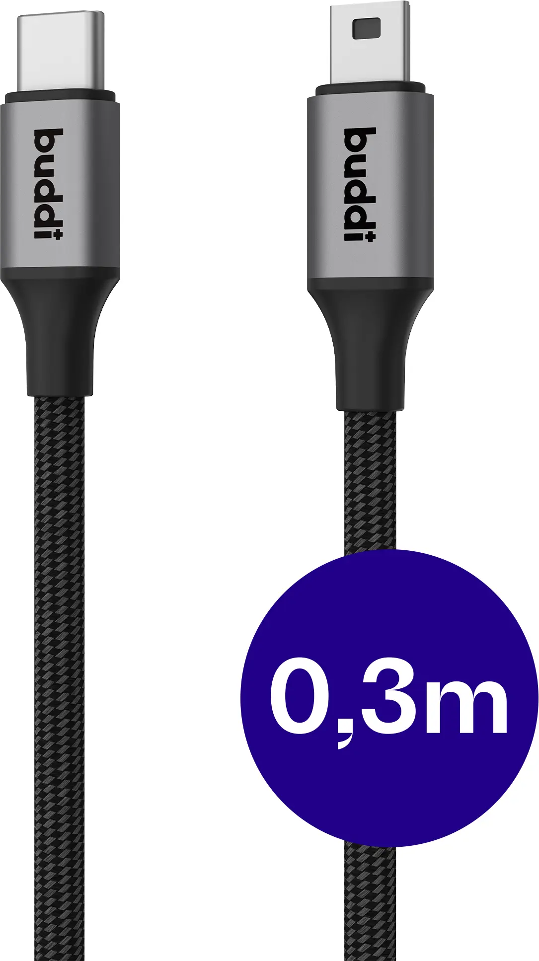 Buddi Flex USB-C naar Mini USB Kabel 12W Fast Charge 30CM Zwart afbeelding 1