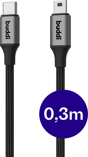 Buddi Flex USB-C naar Mini USB Kabel 12W Fast Charge 30CM Zwart afbeelding 1
