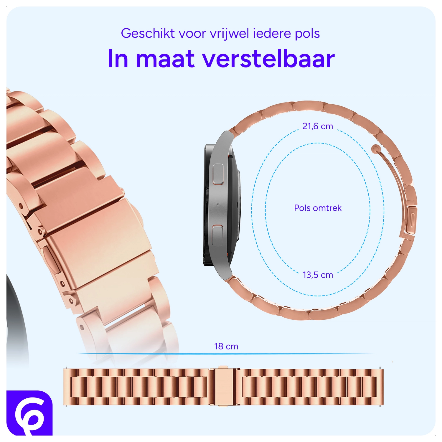 SBG RVS - Universeel Smartwatch / Horloge Bandje Schakels 22MM - Rose Goud afbeelding 5