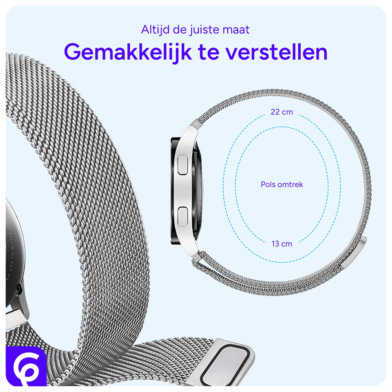 SBG Universeel Smartwatch / Horloge Bandje - Milanees - 22MM - Zilver afbeelding 4