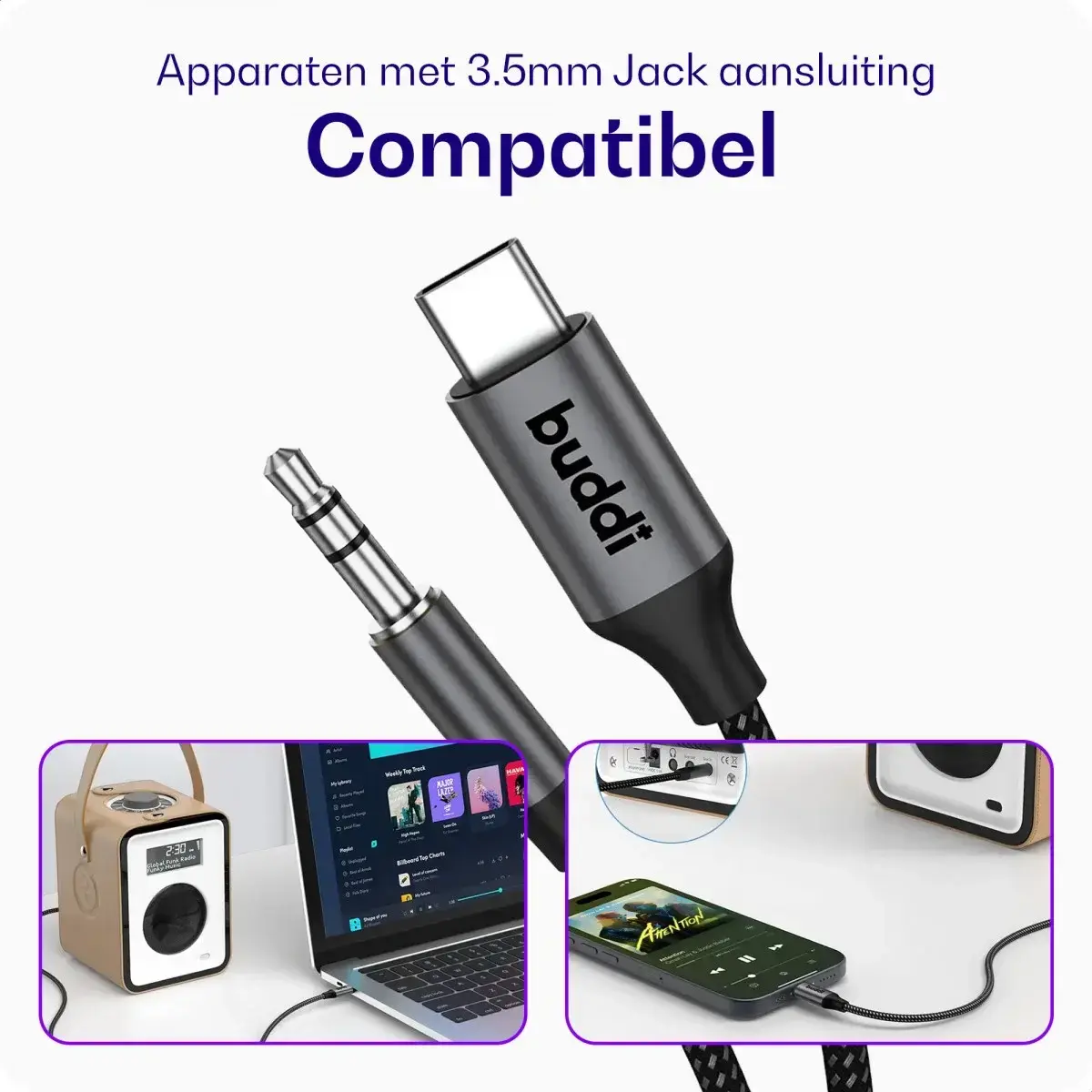 Buddi Flex USB-C naar 3.5mm Jack AUX DAC Audiokabel 2M Zwart afbeelding 5