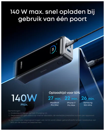 Anker Prime (300W) 26.250 mAh Powerbank Laptop/MacBook met 140W Snelladen Zilver afbeelding 7
