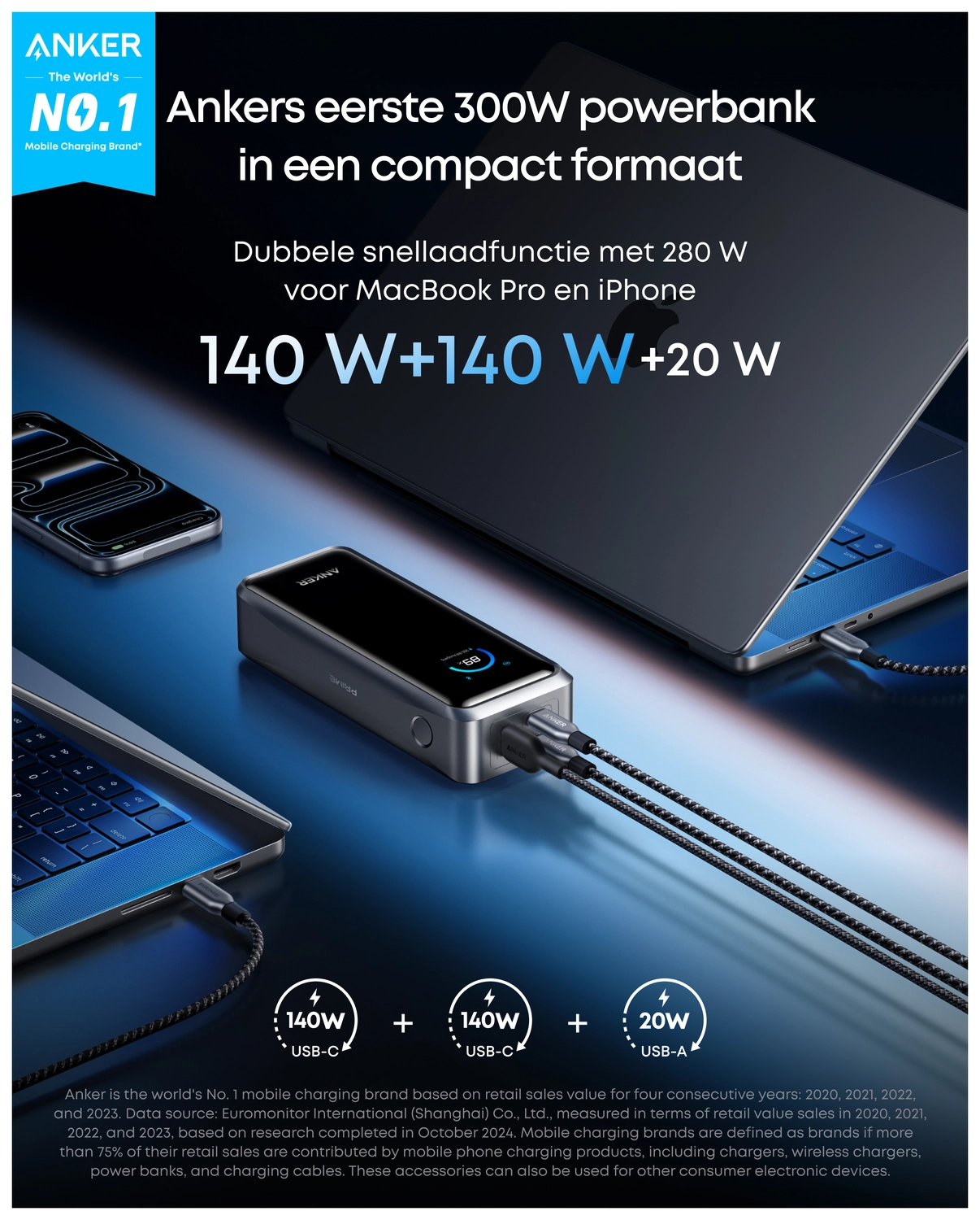 Anker Prime (300W) 26.250 mAh Powerbank Laptop/MacBook met 140W Snelladen Zilver afbeelding 4