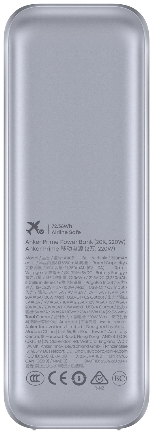 Anker Prime (220W) 20.000 mAh Powerbank Laptop/MacBook Snellader Zilver afbeelding 11