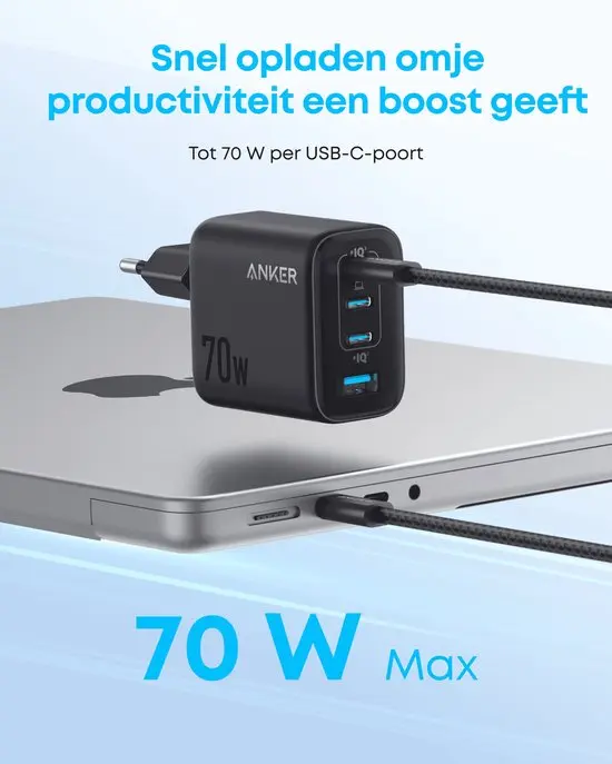 Anker Zolo (70W) GaN Snellader 3x USB-C / 1x USB-A  Fast Charge Adapter Zwart afbeelding 3