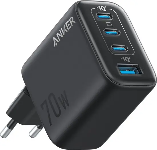 Anker Zolo (70W) GaN Snellader 3x USB-C / 1x USB-A  Fast Charge Adapter Zwart afbeelding 1