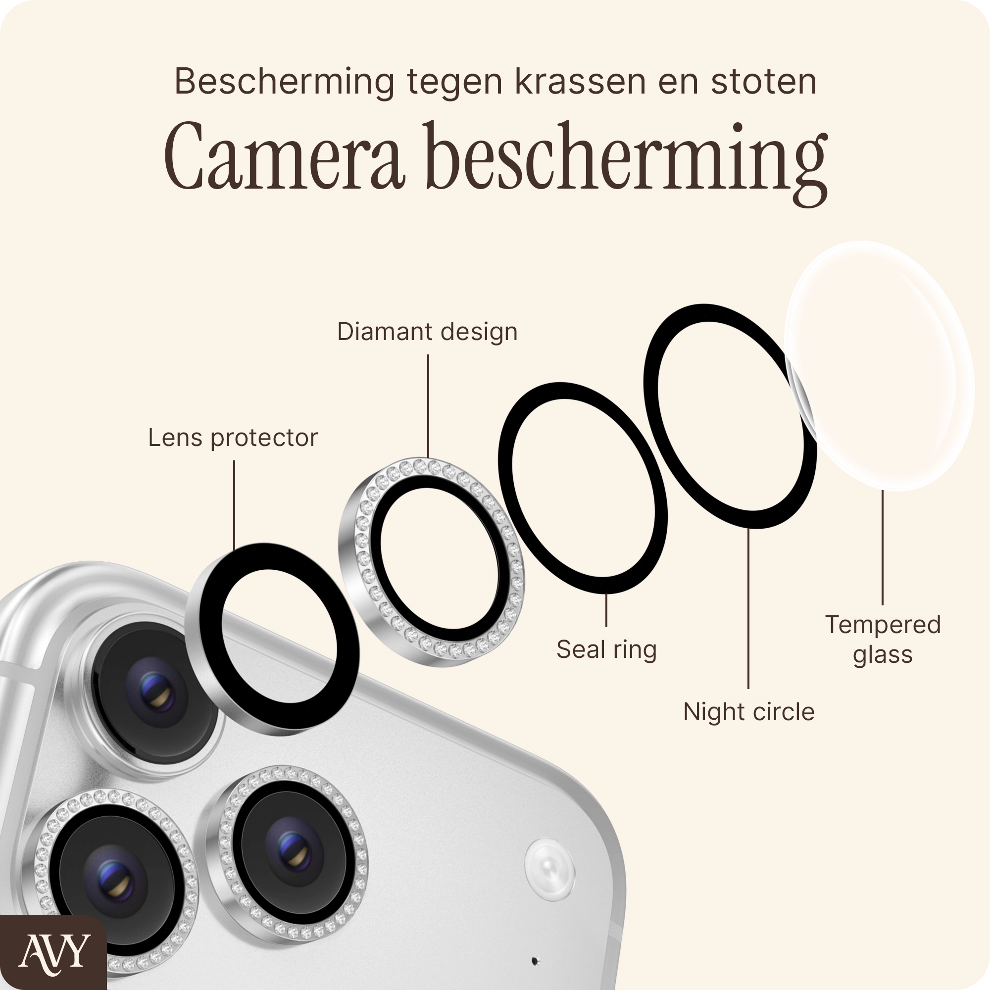 AVY iPhone 12 Pro / 11 Pro / 11 Pro Max Camera Protector Rings Diamant Zilver afbeelding 3