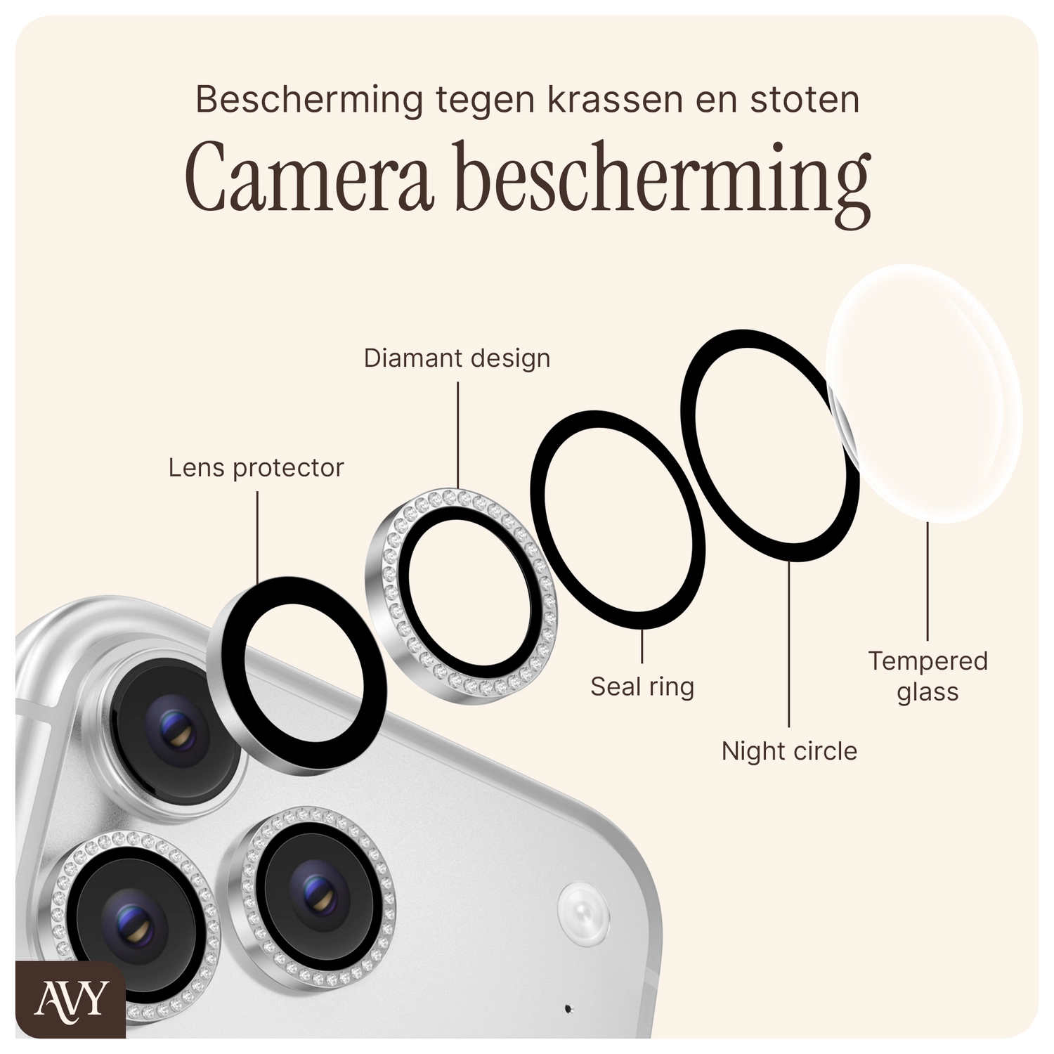 AVY Apple iPhone 12 Pro Max Camera Lens Protector Rings Diamant Zilver afbeelding 4
