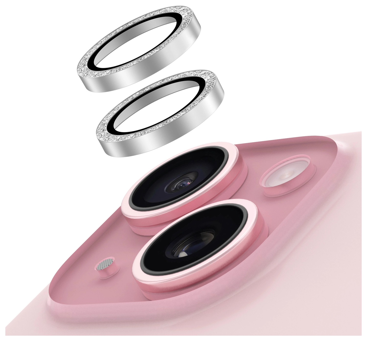 AVY Apple iPhone 15 / 15 Plus Camera Lens Protector Rings Glitter Zilver afbeelding 1