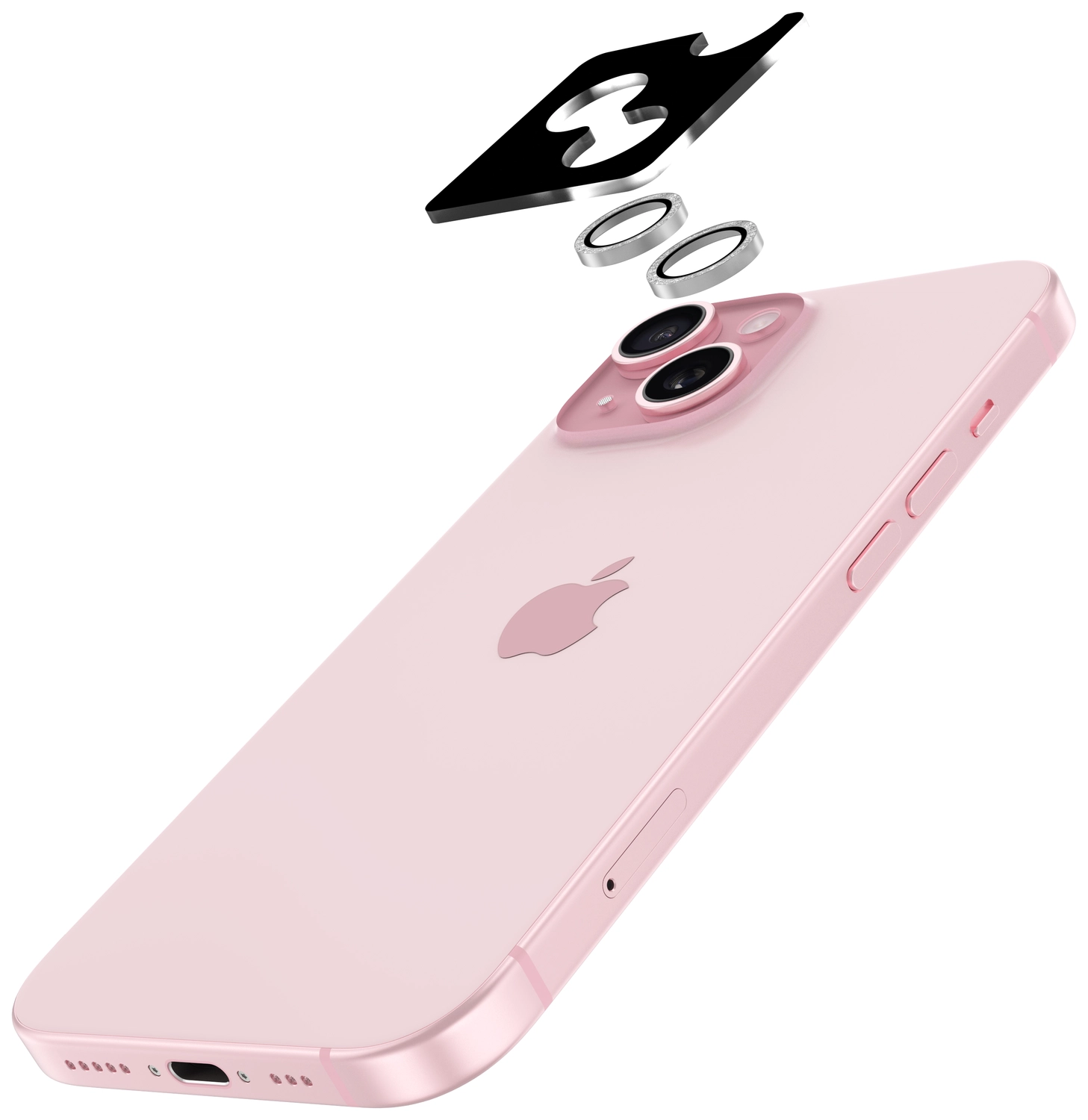 AVY Apple iPhone 15 / 15 Plus Camera Lens Protector Rings Glitter Zilver afbeelding 2