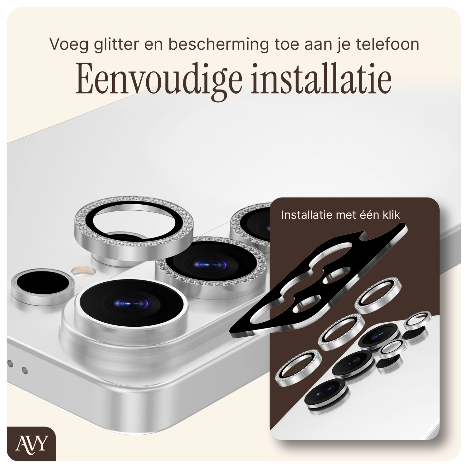 AVY Samsung Galaxy S25 Camera Lens Protector Rings Diamant Zilver afbeelding 4