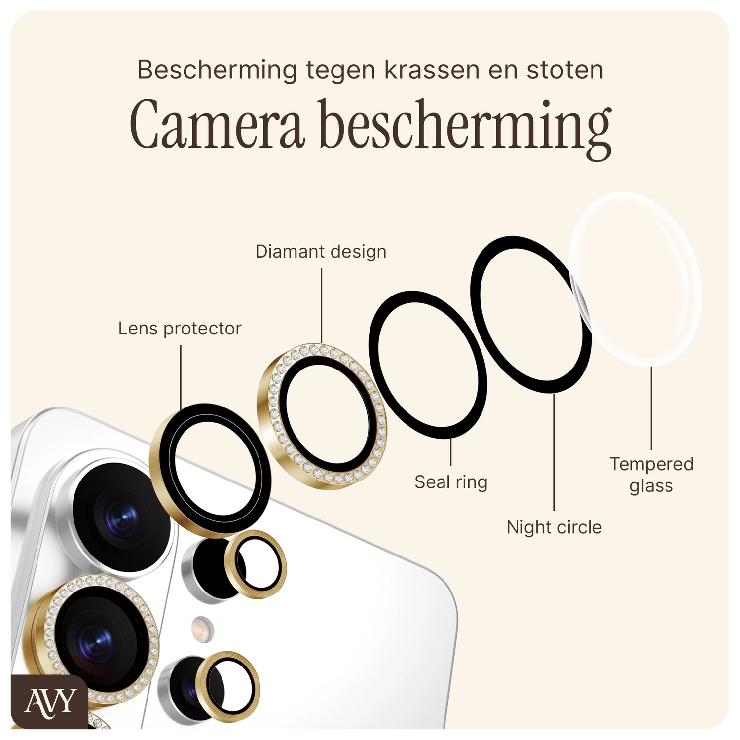 AVY Samsung Galaxy S25 Ultra Camera Lens Protector Rings Diamant Goud afbeelding 5